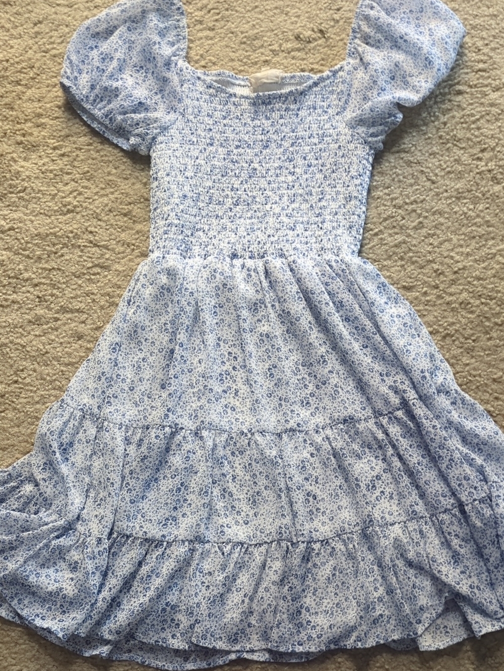 Women's Blue Floral Smocked Puff-Sleeve Dress
